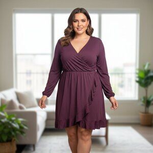 Women's V Neck Long Sleeve Wrap Dresses Ruffle A-line Tunic Party Mini Dress